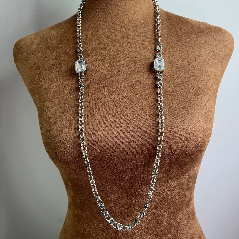 Silver Tone Rhinestone‎ Long Chain Necklace 36 Inch Emerald Cut Stones Glam